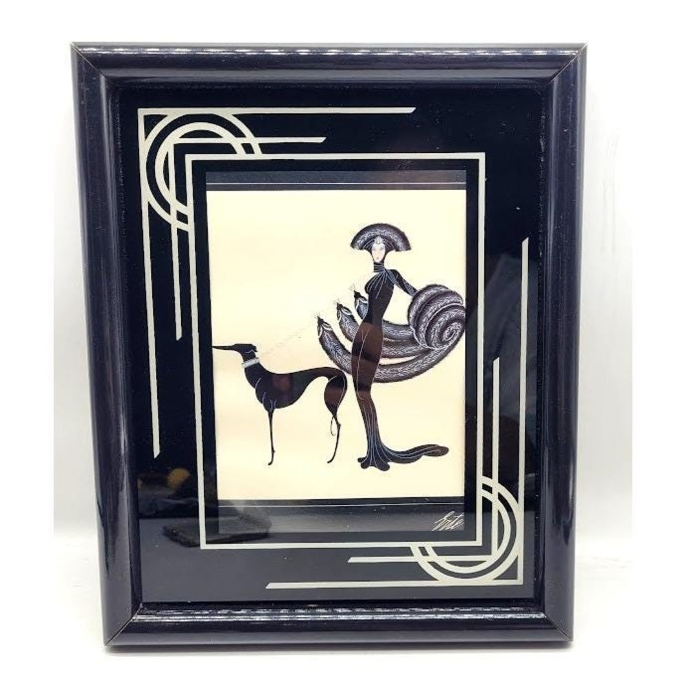 ERTE Symphony In Black Laquer Framed Art Deco Woman Dog Estate Collection MCM